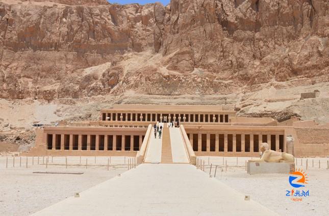 Sun falls perpendicular to temple of Queen Hatshepsut in Luxor Thursday