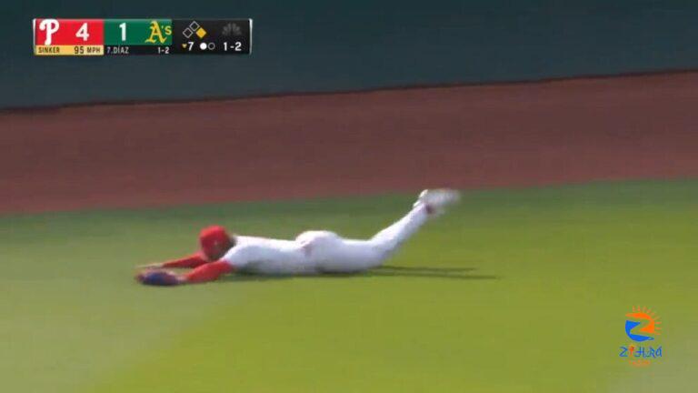 Phillies' Cristian Pache tracks down a pop fly and lays out for the diving catch vs. the A's